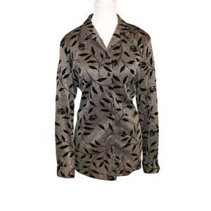VTG Alfred Dunner Black & Gold Metallic Floral Button Up Shirt sz 12